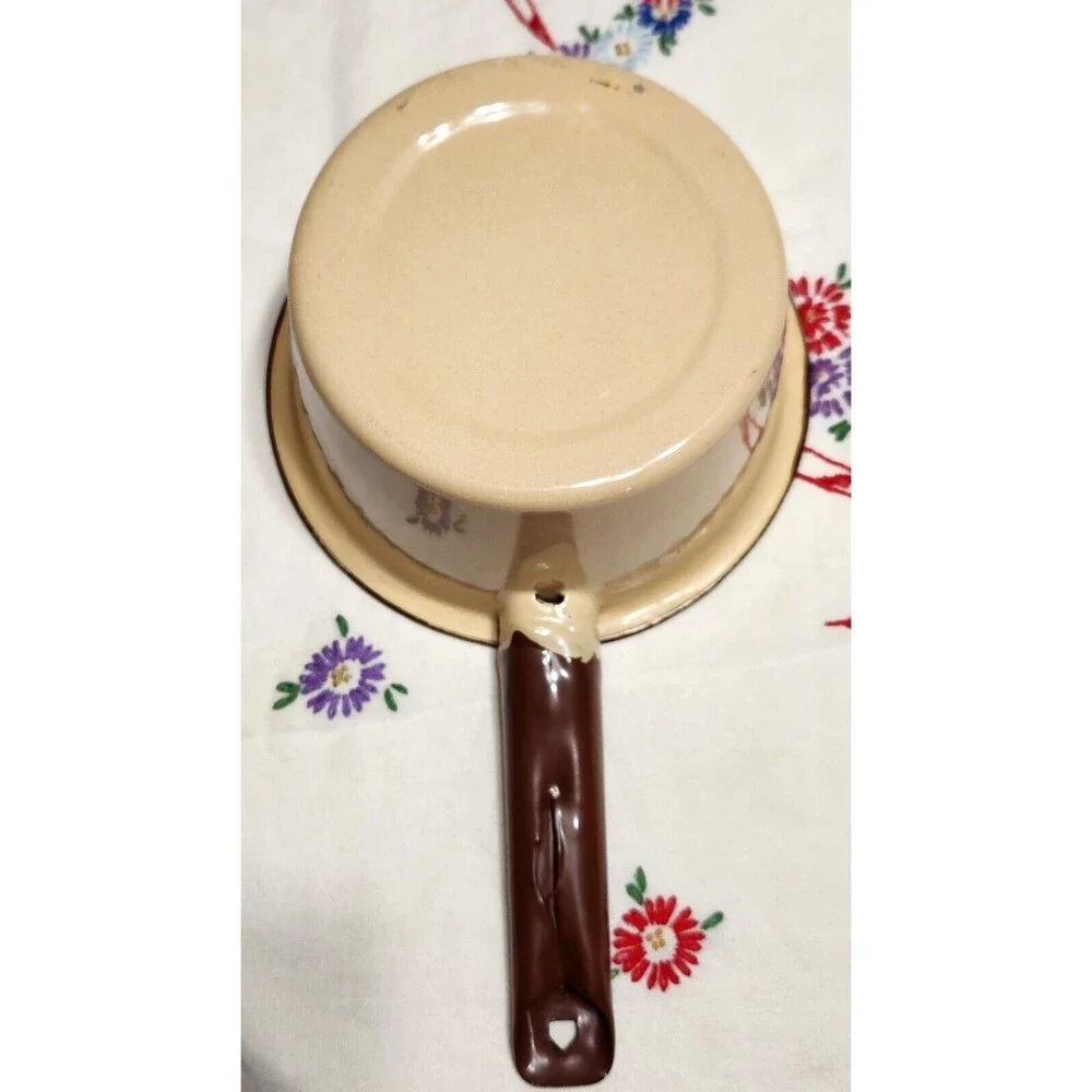 Set of 2 Enamelware Sauce Pans Light Speckle Beige & Brown Enamel